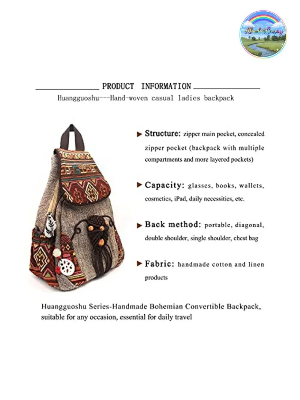 Canvas Sling Backpack Convertible Boho Woven Casual Daypack